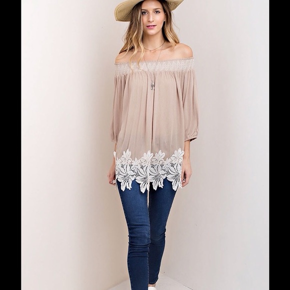 Kori America Off the Shoulder Women’s Mocha Top Lace Trim Size S, M, L NWT - Picture 3 of 10